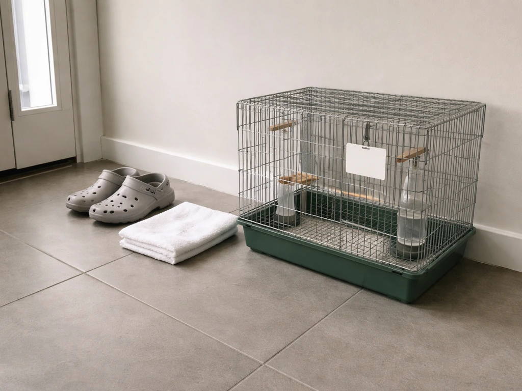 Quarantine setup for pet birds: dedicated holding cage, separate shoes and clothing by an entry point.