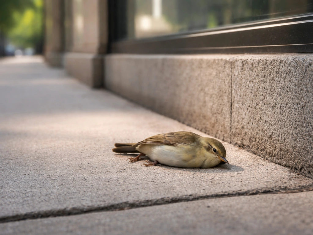 Small wild bird lying motionless near a building window, suggesting a window-collision stunned state.