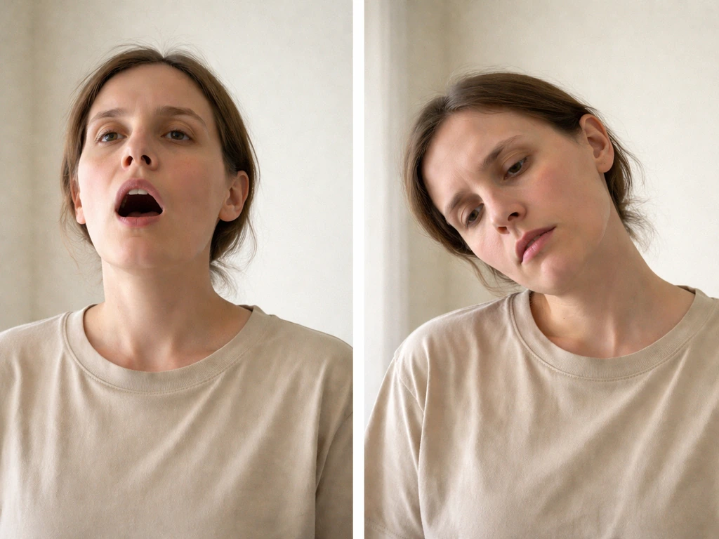 Two simple side-by-side frames: open-mouth breathing pose vs a head-tilted, unsteady posture suggesting neurological imp