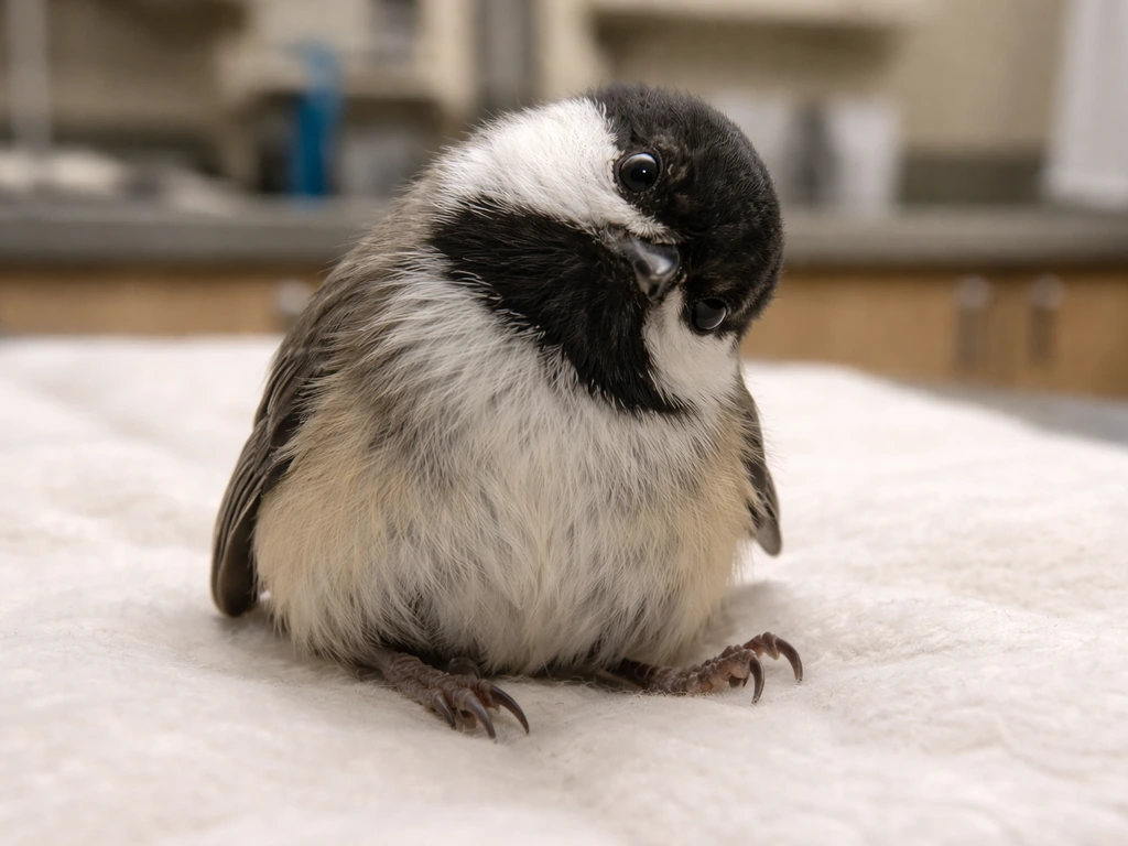 Close-up of an uncoordinated bird with a consistent head tilt on a padded surface, suggesting neurological imbalance.