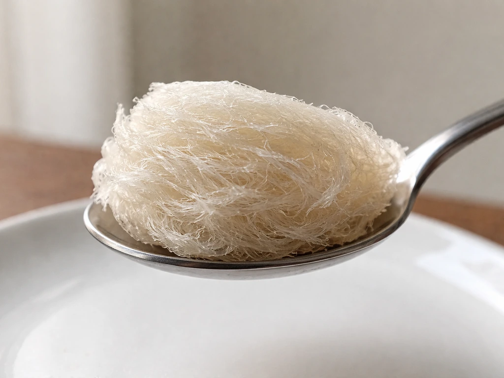 Close-up of edible bird’s nest on a spoon with delicate airy texture in soft natural light.