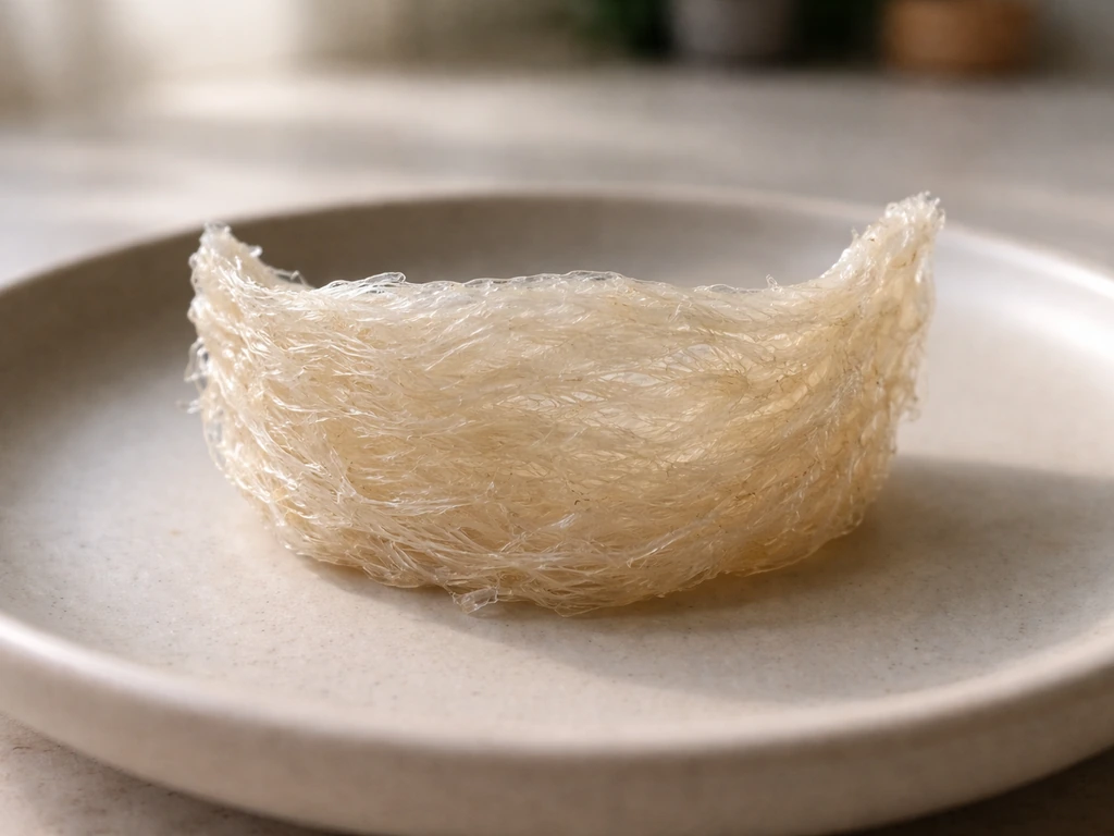 Close-up of an edible bird’s nest with detailed, translucent fibrous texture on a simple plate.