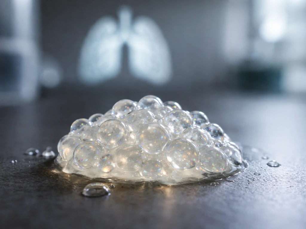 Macro photo of pale mucin-like gel beads with soft lung-shaped bokeh, scientific but non-medical