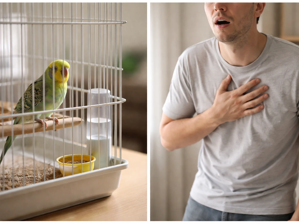 Split image: a bird in a cage breathing with effort and an adult clutching their chest for severe breathlessness.