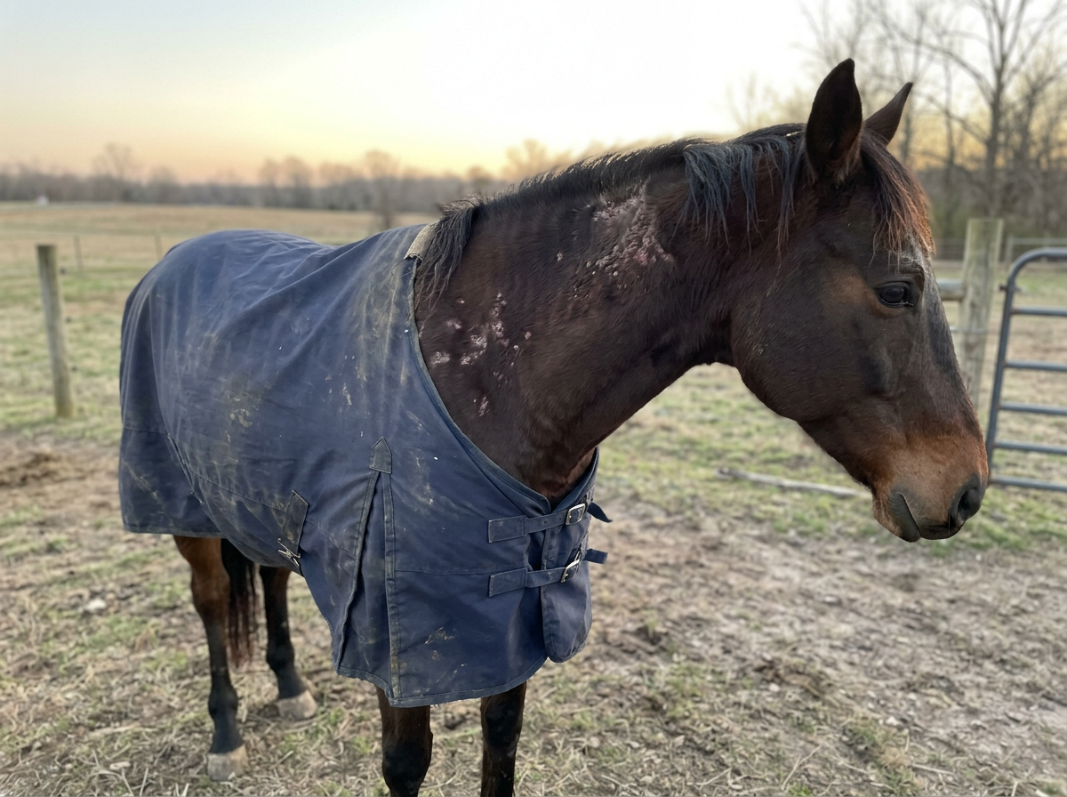 Horse legs with multiple patchy itchy lesion areas consistent with insect bite hypersensitivity