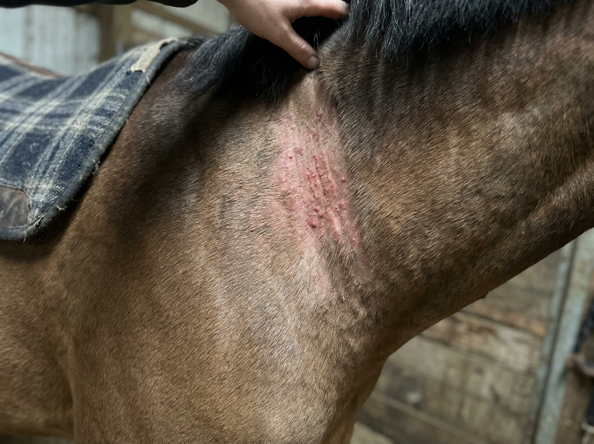 Horse muzzle/neck or saddle area with localized irritation where bedding/gear contacts