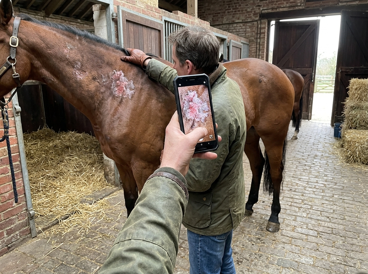 Triage photo setup: smartphone close-up of horse skin lesions alongside a wider shot