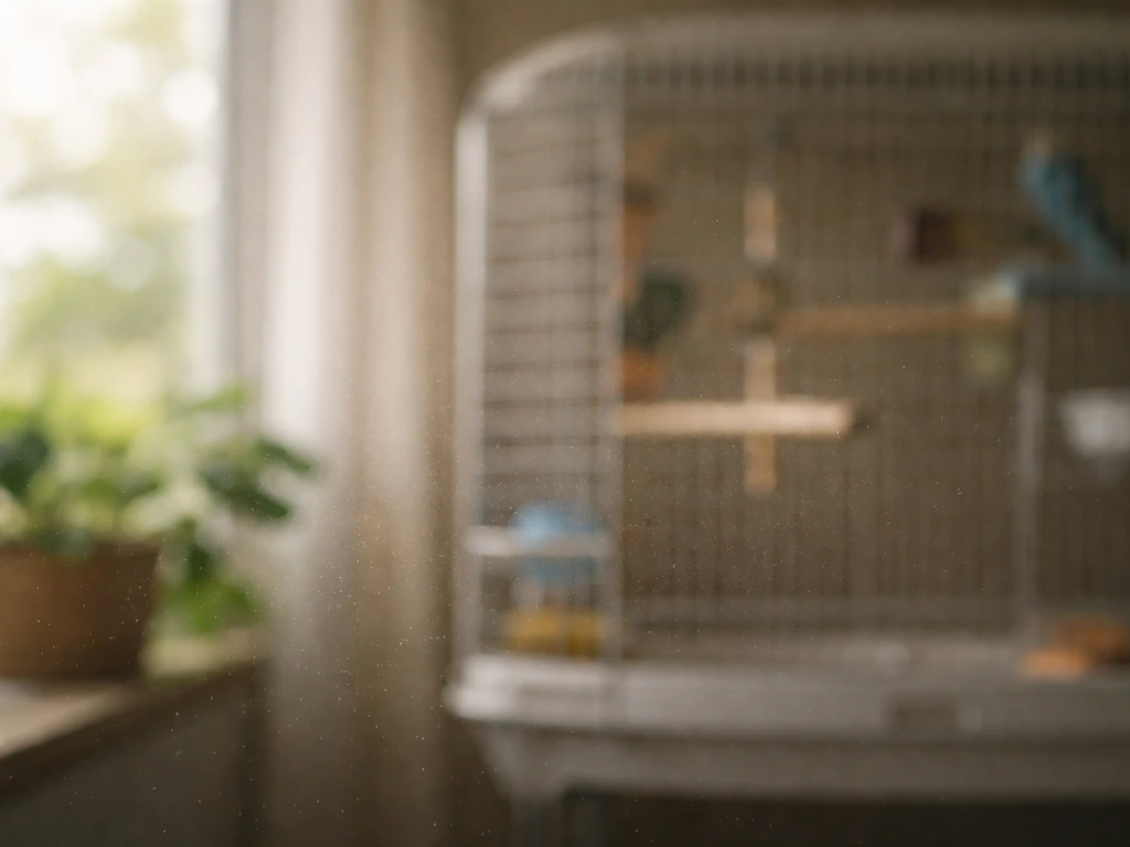 Airborne fine bird-dust particles drifting in soft haze around an indoor bird cage.