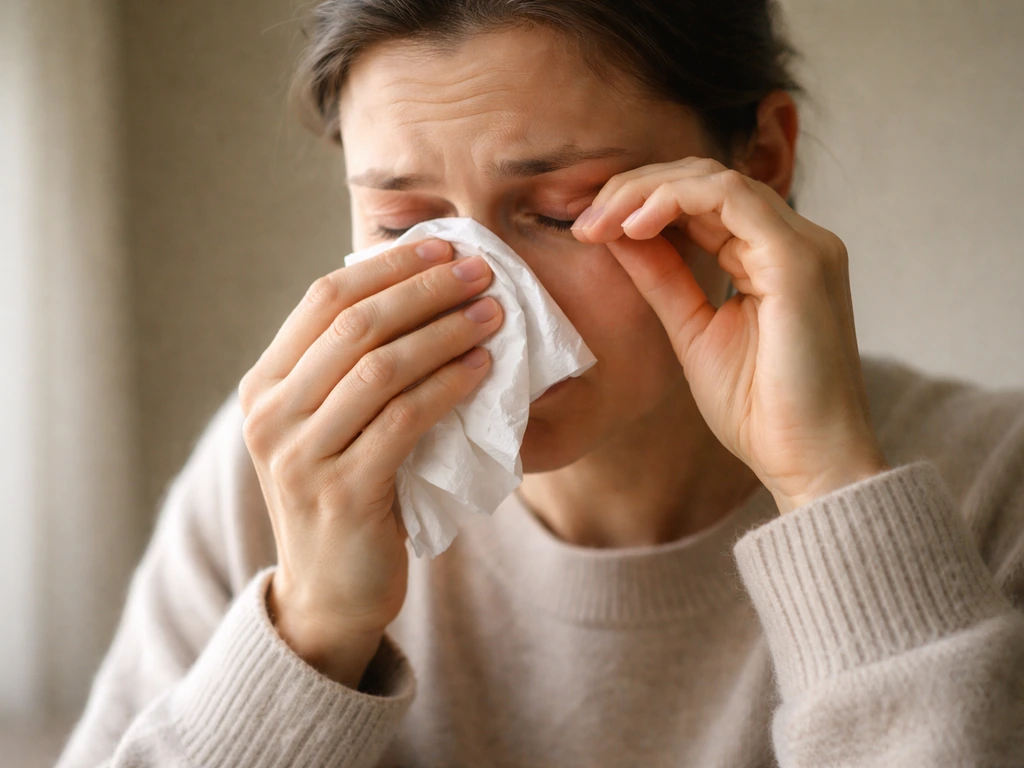 Anonymous adult holding tissues and rubbing watery, irritated eyes and nose in a quiet indoor setting.
