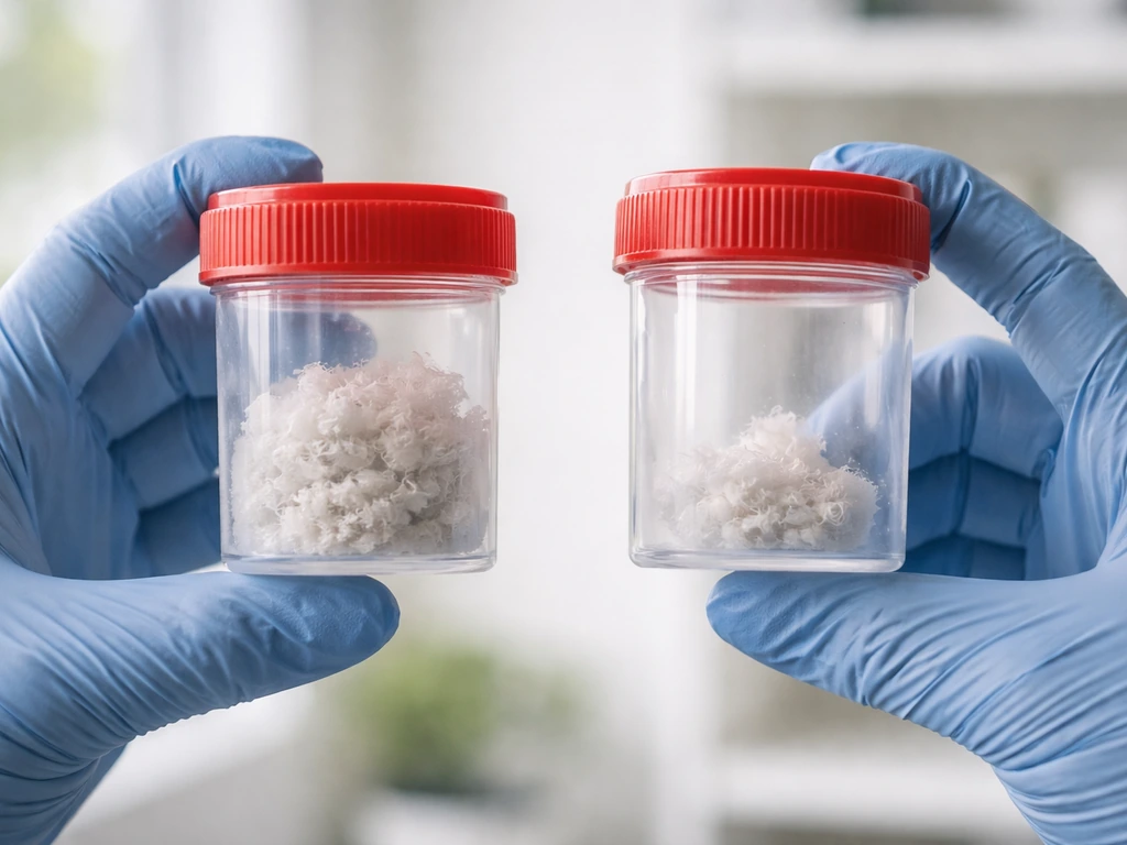 Two anonymous gloved hands holding two clear cases with different amounts of feather-like dust samples.