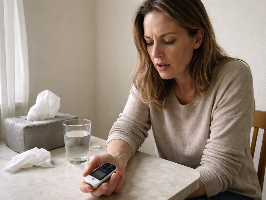 Concerned person holding a pulse oximeter at home, suggesting an urgent breathing red-flag moment.