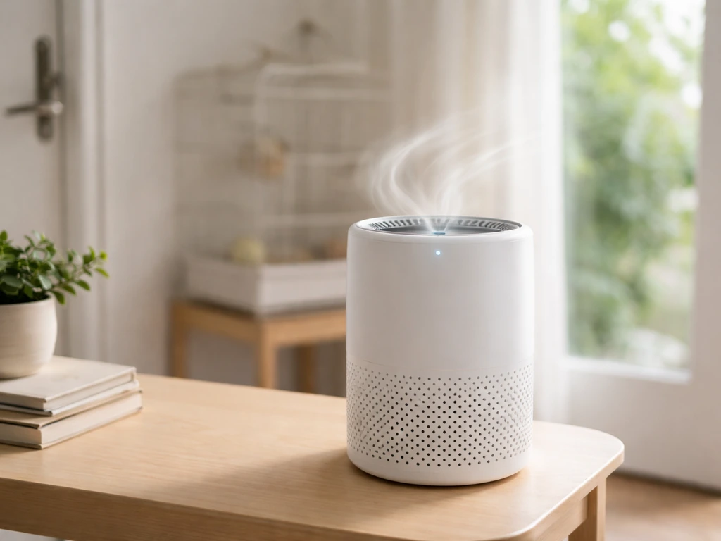 HEPA air purifier running in a bright room beside a bird cage area, showing subtle airflow from the outlet.