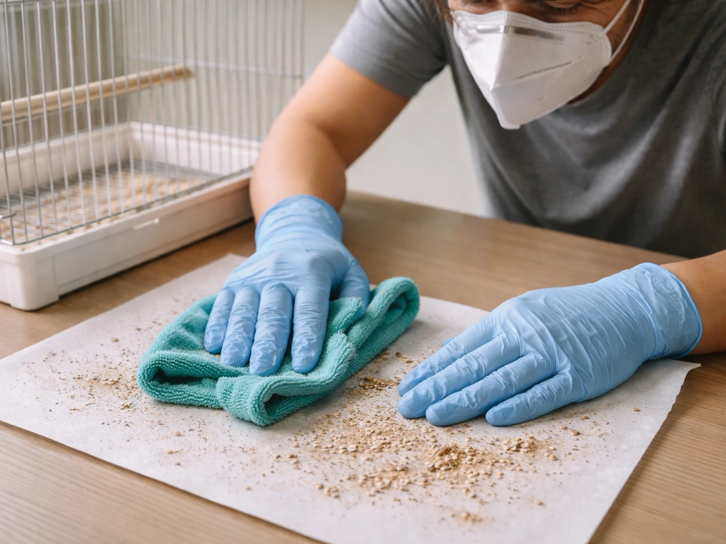 Gloved hands wiping a bird cage liner while wearing an N95/KN95 respirator to reduce dust exposure.