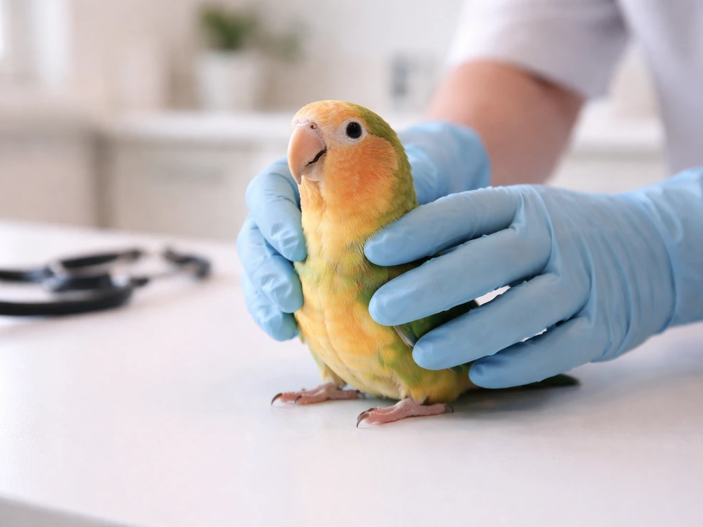 Vet gloved hands gently examine a small bird on an exam table in a clean clinic setting.