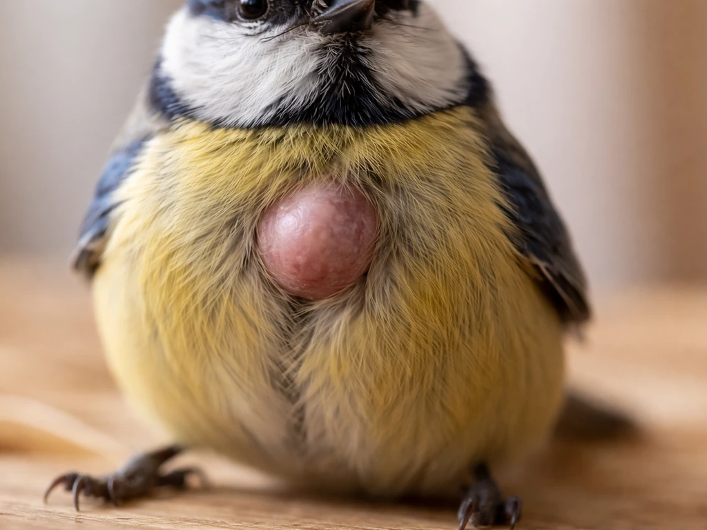Colorful small bird with a visible lump on the chest/neck against a simple neutral background.