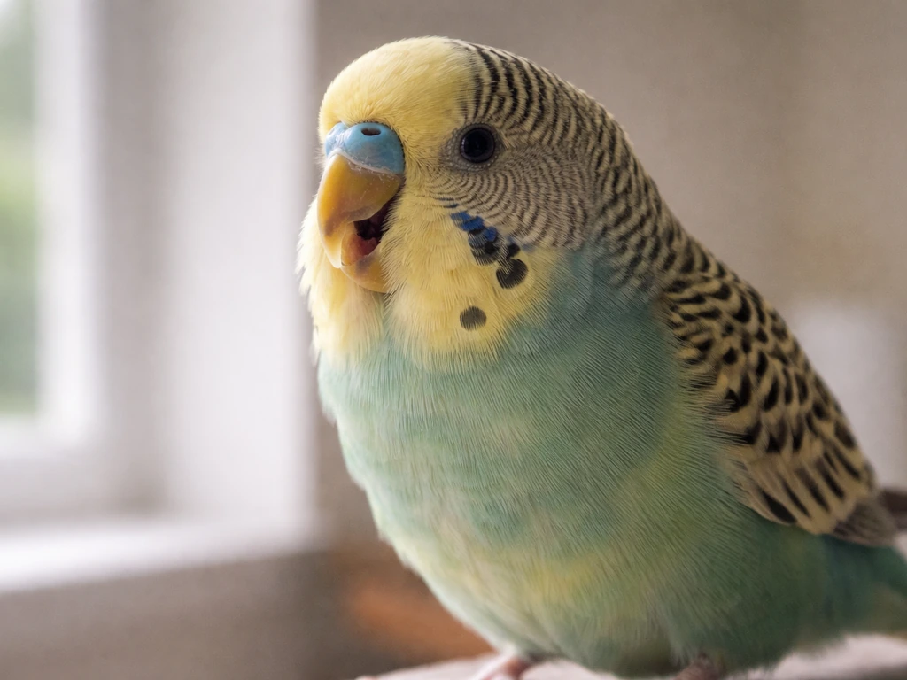 Small bird perched indoors with tail bobbing and open beak showing breathing distress.