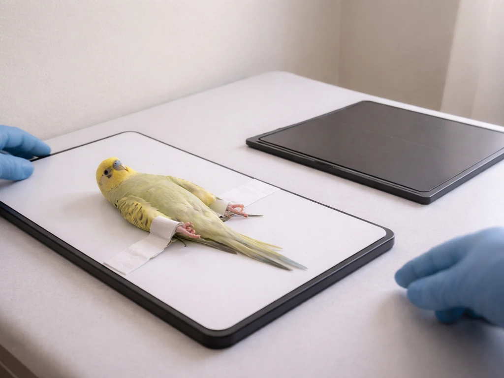 Vet clinic exam table with a small bird on a radiography positioning board and an X-ray plate nearby