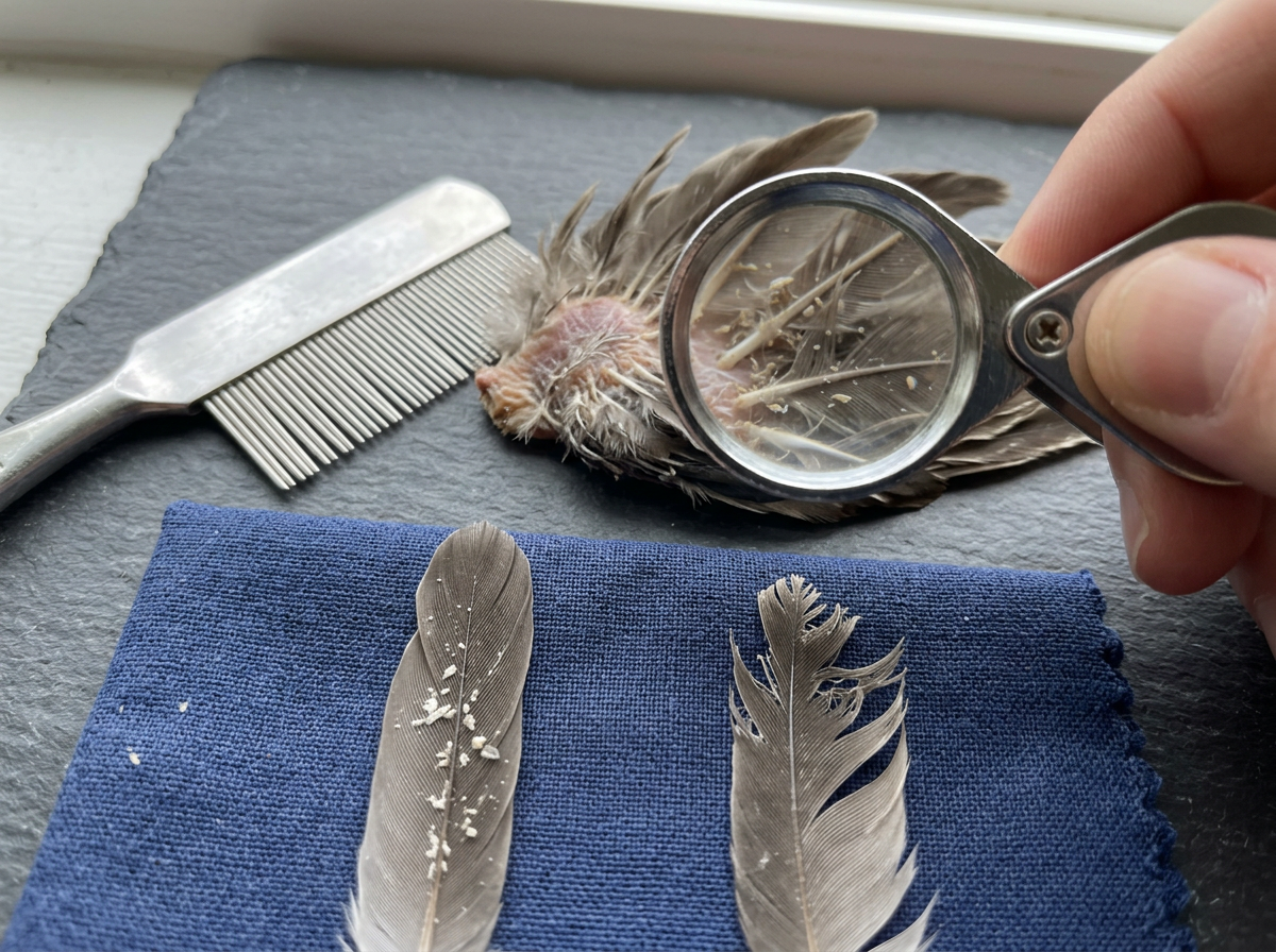 Comparing lice vs mites on a feather with tools and labels left out