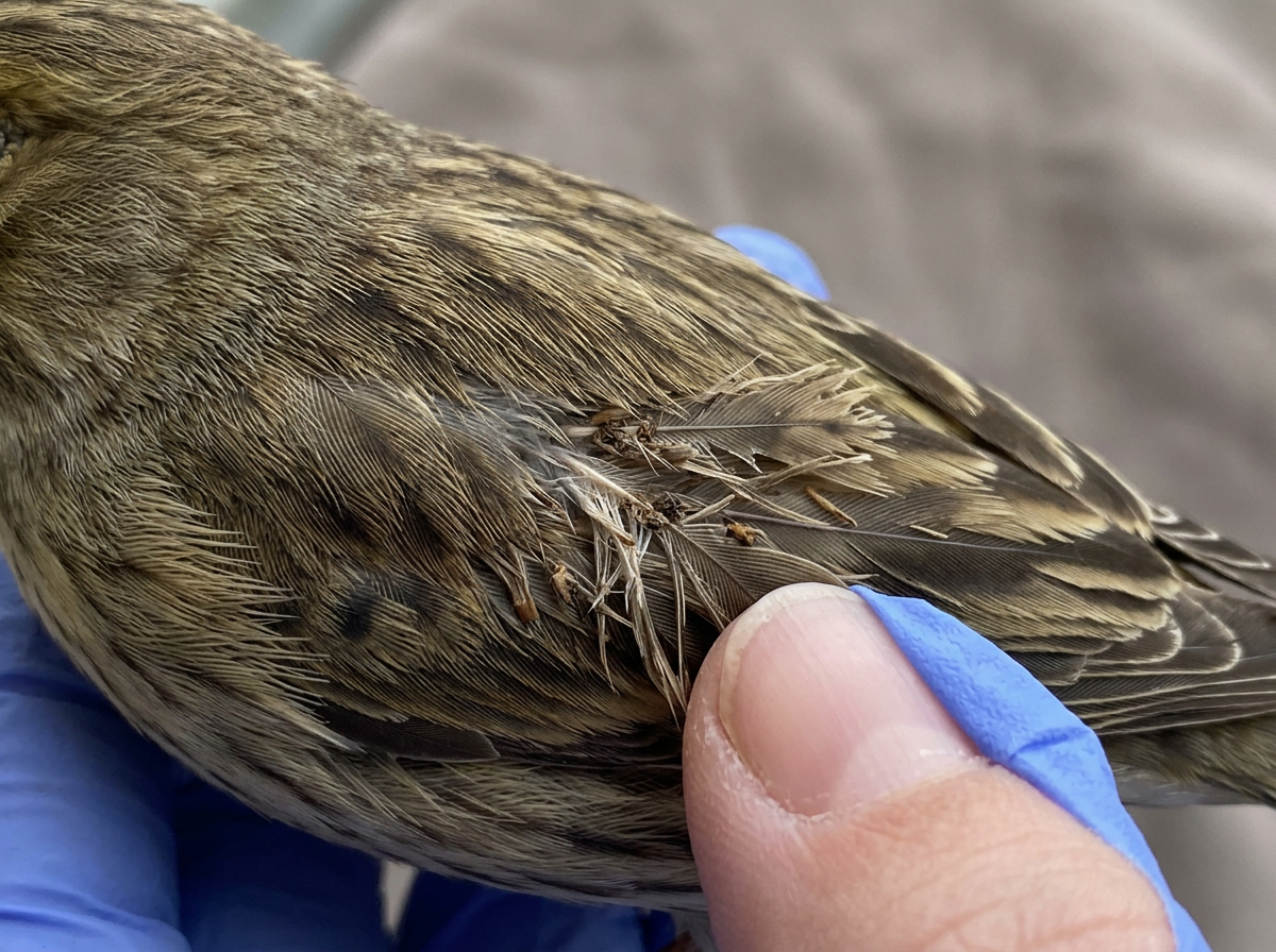 Close-up of bird feathers showing frayed, mechanical-looking damage from lice feeding
