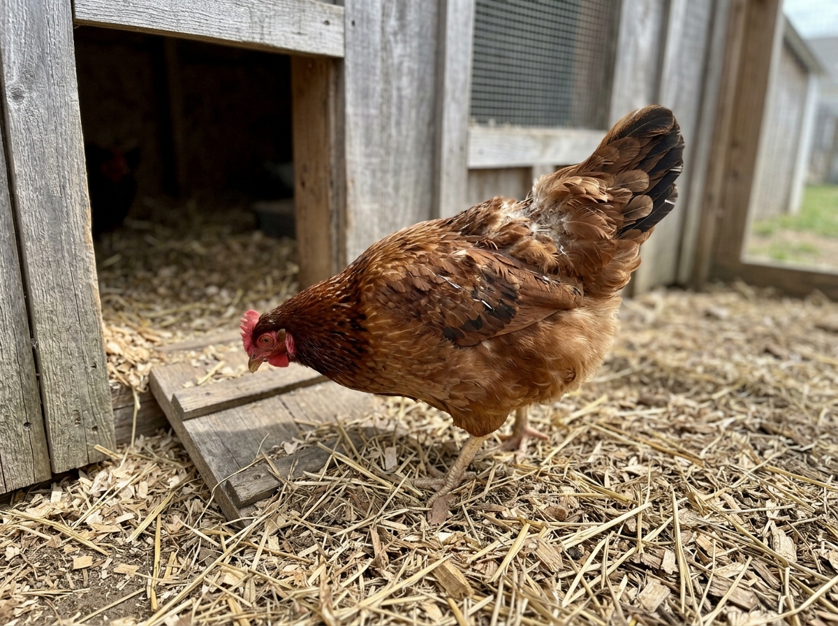 Backyard poultry (chicken coop) with focus on feather condition near ground roosting area