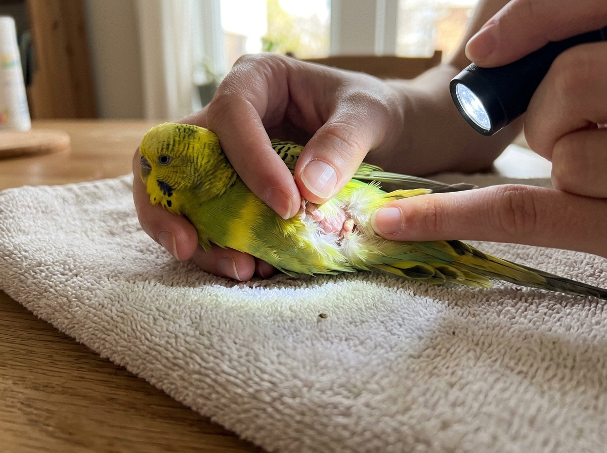 Parting feathers to inspect vent and under-wings during lice check