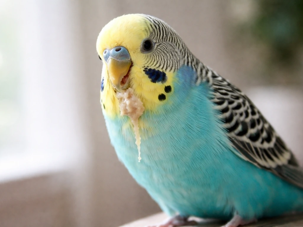 Close-up of a small bird leaning forward with moist regurgitated food near its beak.