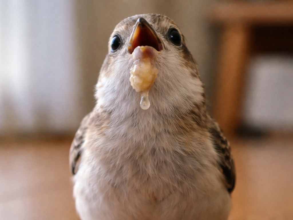 Close-up of a small bird standing upright with neck extended and head tilted back, showing soft moist discharge.