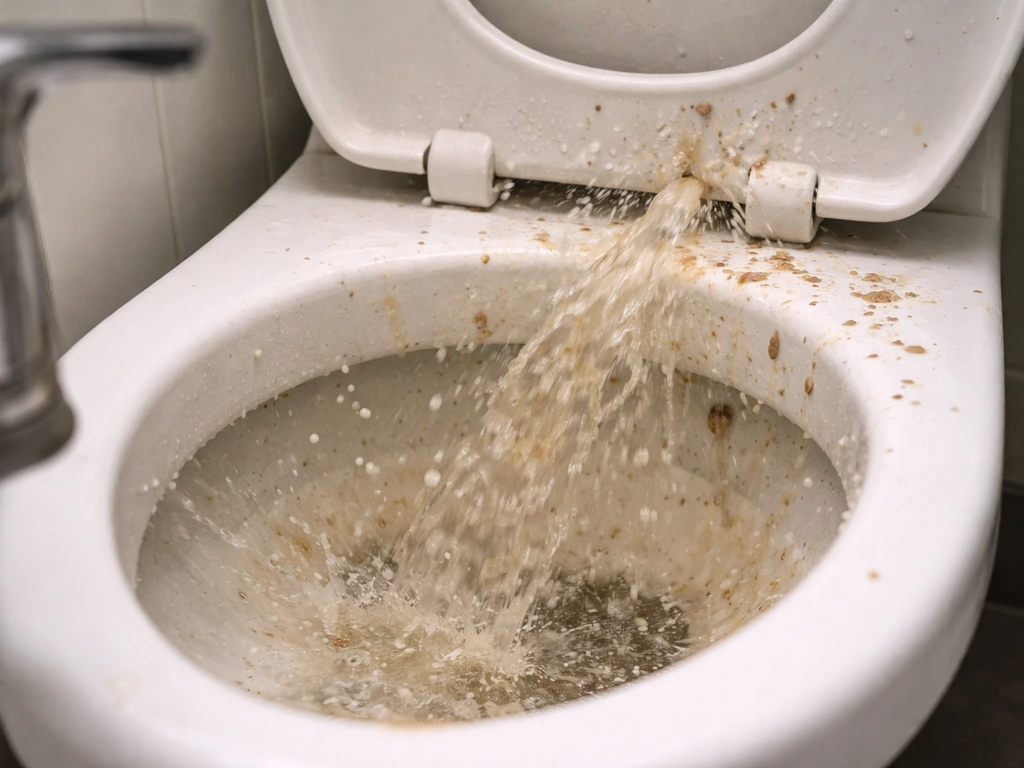Toilet bowl and sink with splash-like vomit scatter to show forceful vomiting signs.