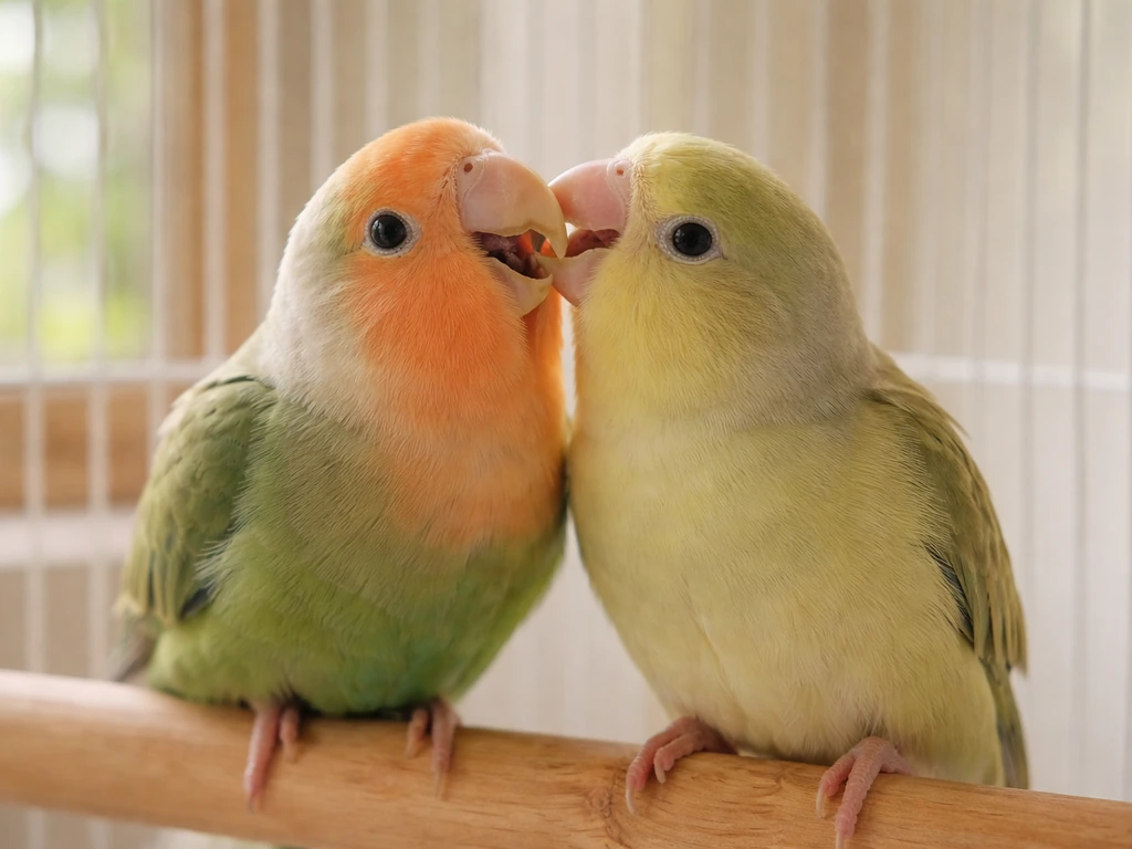 Two colorful pet parrots bonding, one regurgitating into the other’s open beak on a simple perch