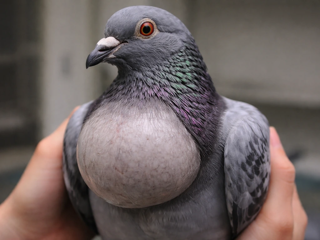Close-up of a visibly distended, doughy pigeon crop with the bird held gently in a quiet setting.