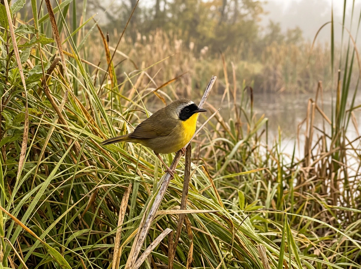 Common yellowthroat perched in low marsh vegetation near a pond