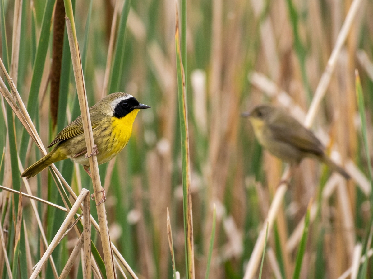 Male common yellowthroat close-up showing black facial mask and short bill