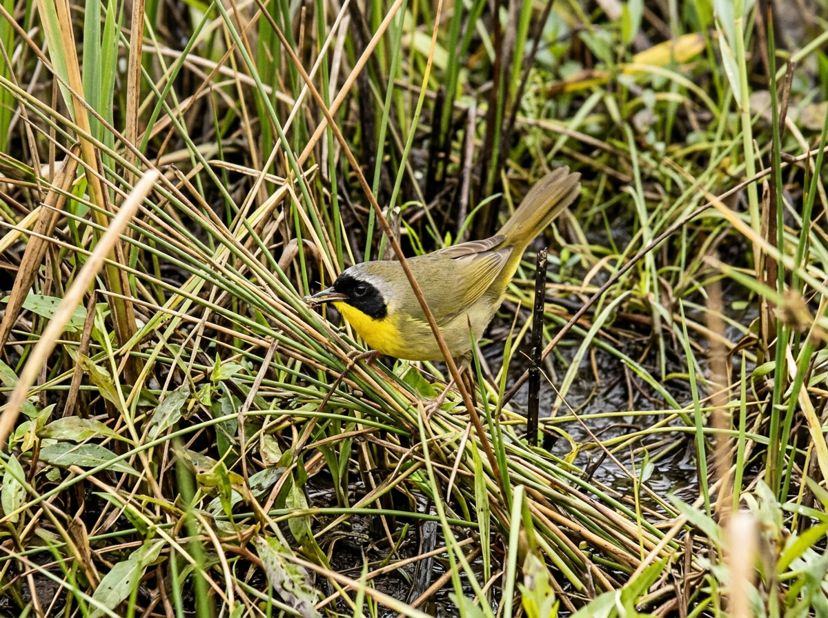 Common yellowthroat hopping and foraging in low marsh vegetation