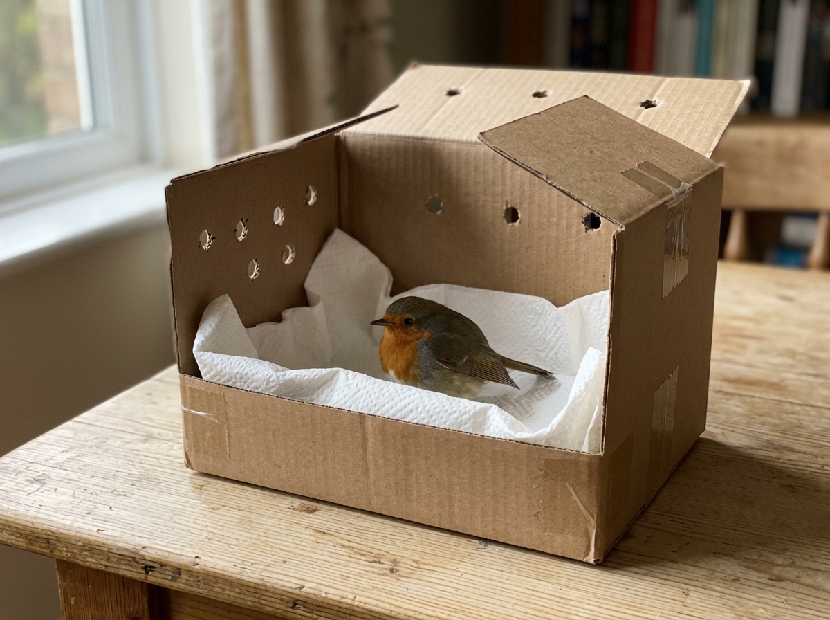 Small cardboard box with air holes lined for safe bird transport