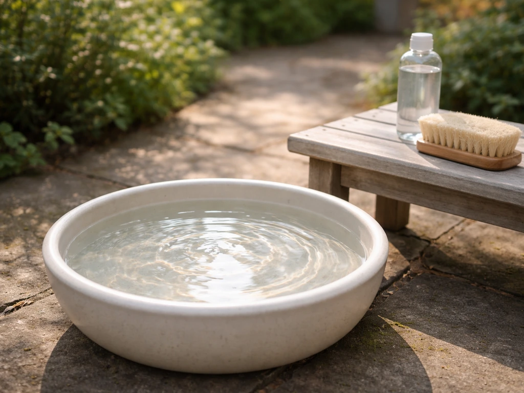 Clean bird bath with standing water and nearby cleaning supplies in soft daylight.