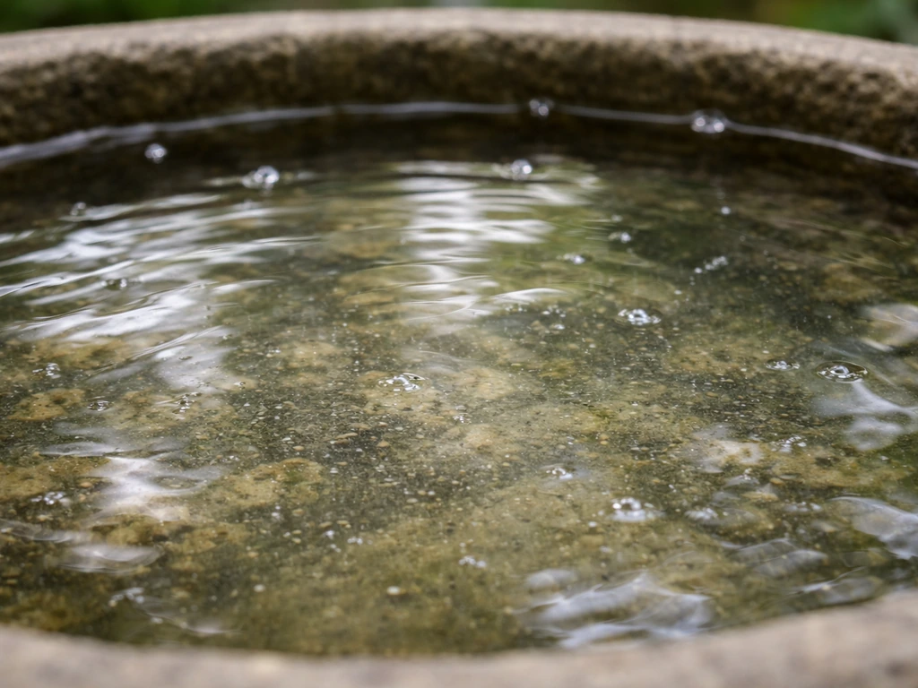 Macro view of still bird-bath water with tiny droplets and faint microbial-like specks
