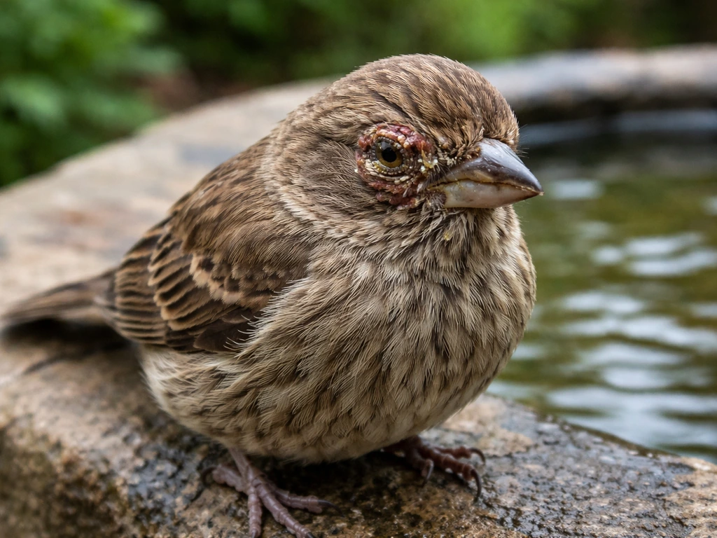 Close-up of a small backyard bird with crusty, swollen eye and matted feathers near the eye