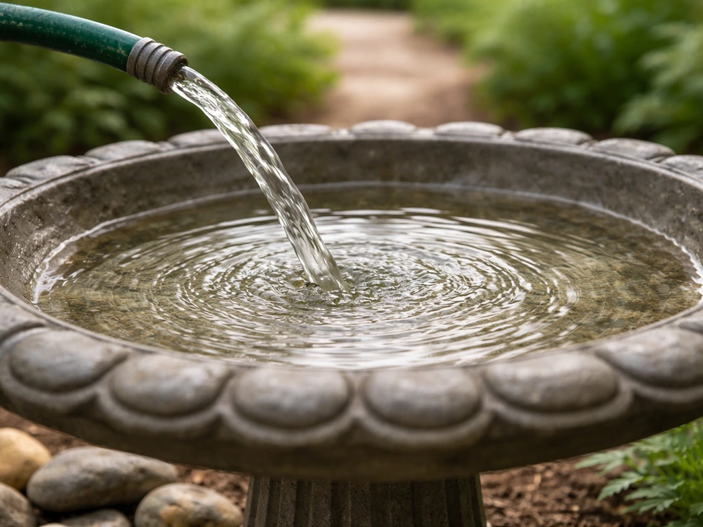 Fresh water pours into a clean outdoor bird bath, showing a daily re-fill routine.