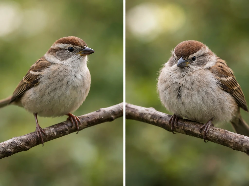 Split image of a healthy perched bird vs a sick bird with fluffed feathers and dull eyes
