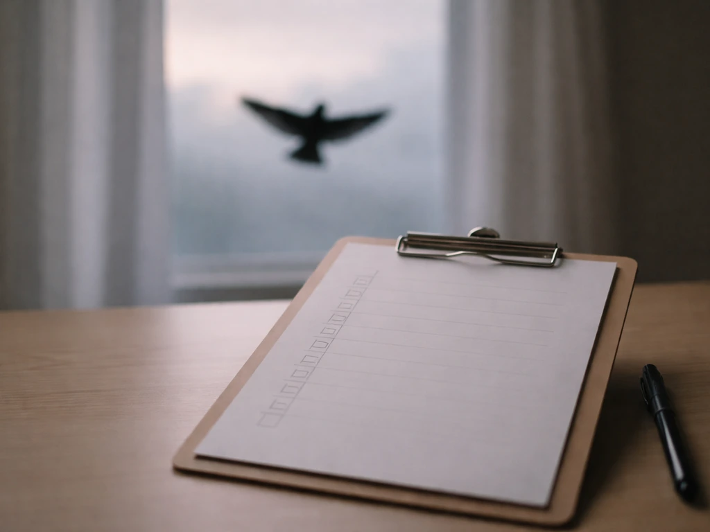 Black bird silhouette hovering above a simple checklist on a clipboard, symbolizing “myth vs reality.”