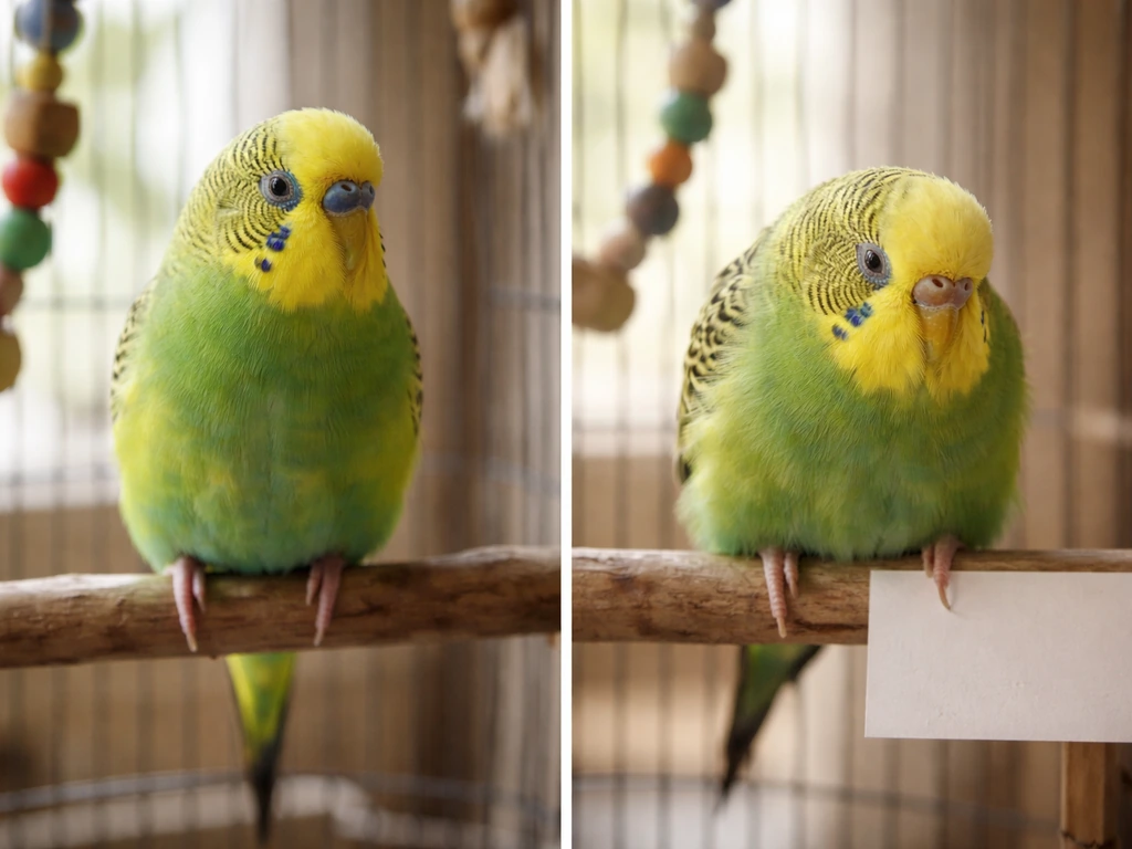 Minimal pet bird close-up comparing calm posture vs fluffed, down posture with mild eye/nasal discharge.