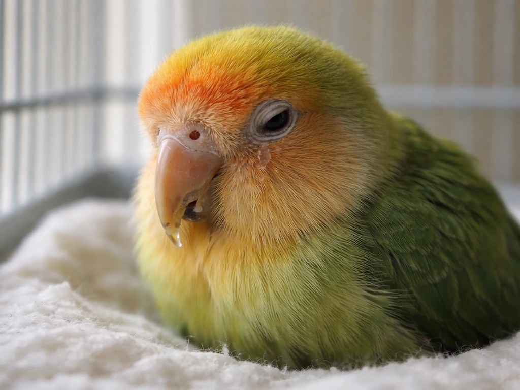 Close-up of a small parrot-like bird showing mild eye and nasal discharge and sleepy posture