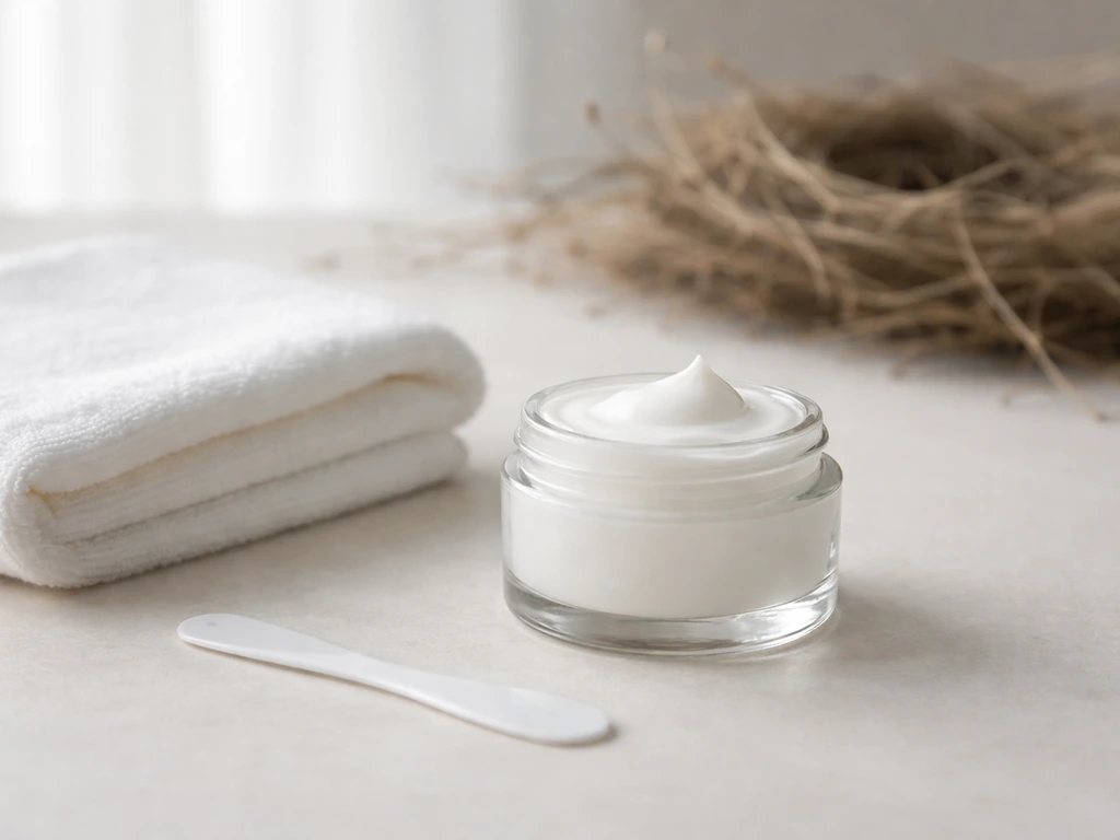 Crisp skincare ointment and clean cloth in front, blurred bird nest behind to suggest it’s not eczema-safe.