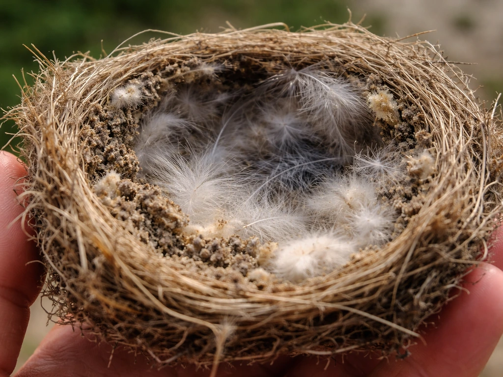 Close-up cross-section of a bird nest showing plant fibers, feathers/down, and small mud clumps.