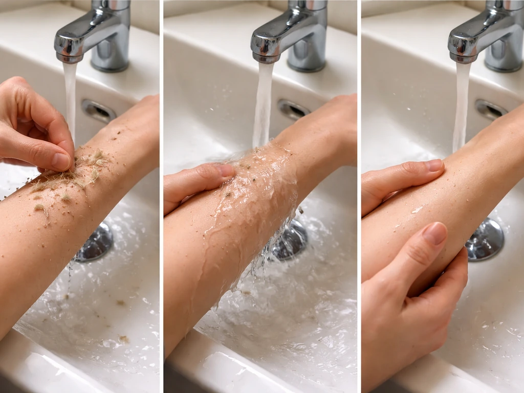 Hands removing bird-nest material from an arm and rinsing it under a bathroom faucet.