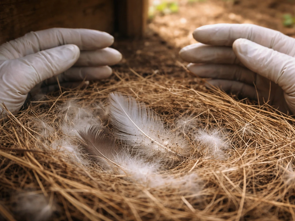 Gloved hands near a small bird nest with loose feathers and tiny parasite-like specks on nest materials.