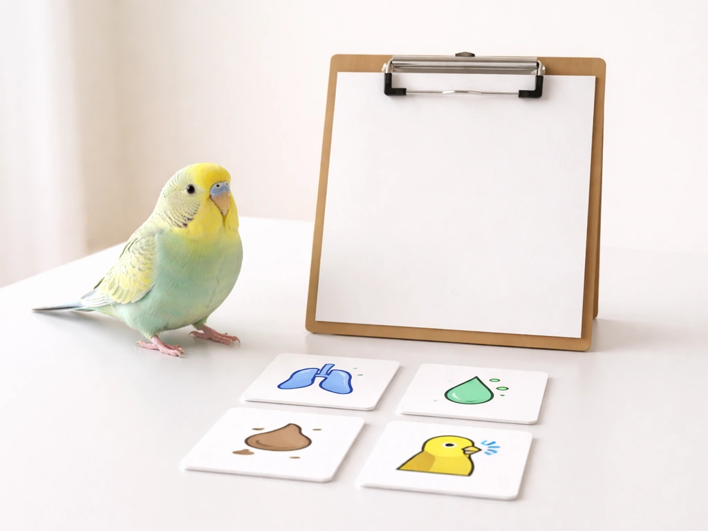Minimal photo showing a pet bird near a care checklist board with four simple icon cards: breathing, discharge, dropping