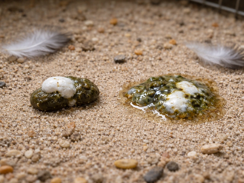 Close-up of bird droppings showing formed stool with urate vs unformed liquid-like droppings.