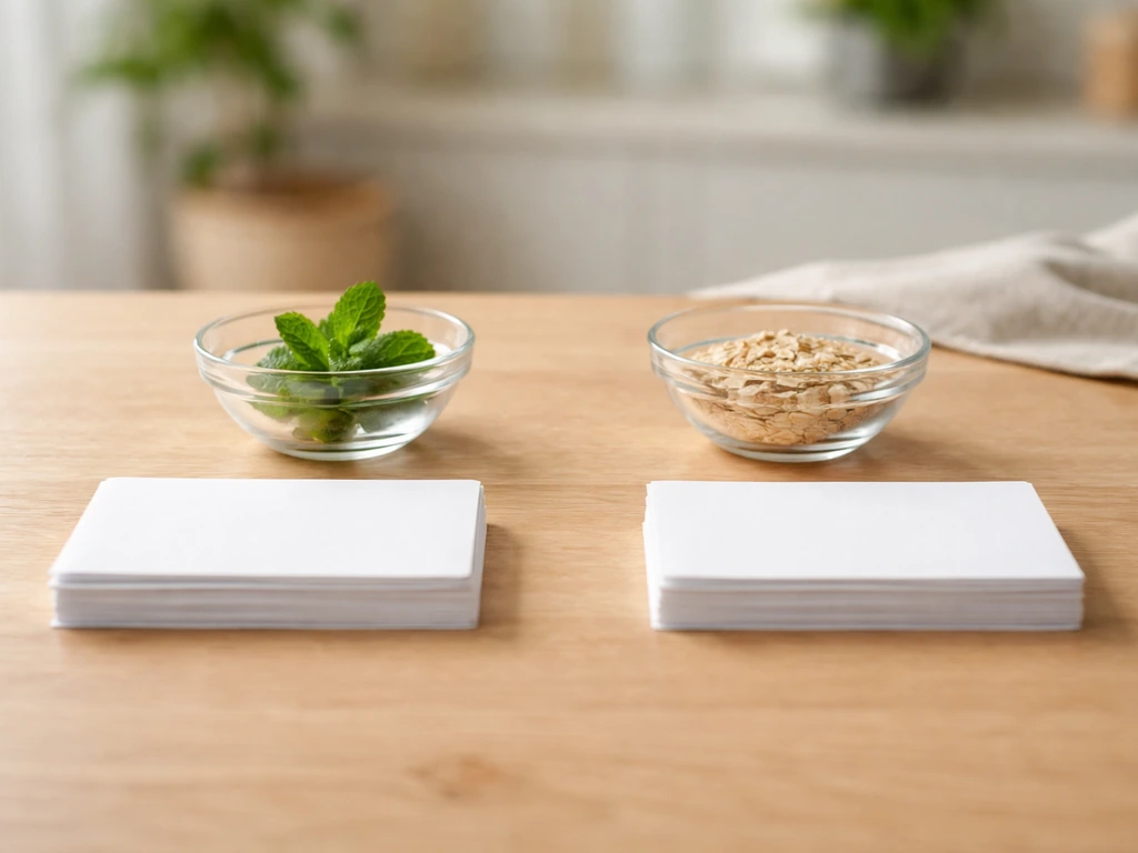 Daylight kitchen-table photo with two blank card stacks and two glass bowls symbolizing respiratory vs gut causes.