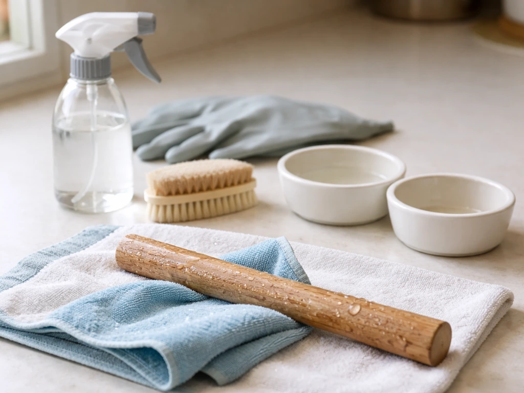 Clean bird cage bowls and perch being wiped and disinfected with hot-water tools on a counter